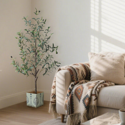4FT Potted Realistic Fake Plant Olive Tree, Artificial Olive Tree With Water Droplets Home Room Office Balcony Decor