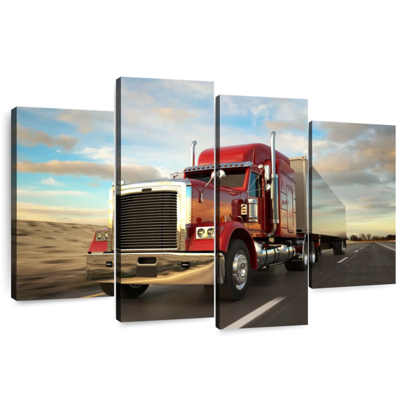 Camion de cargaison rouge Mehar au coucher du soleil, H 32 po x l 52 po