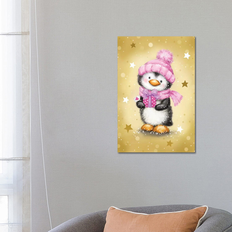 Penguin With Pink Package by MAKIKO - Wrapped Canvas Painting, 66.04 cm H x 45.72 cm W x 1.91 cm D
