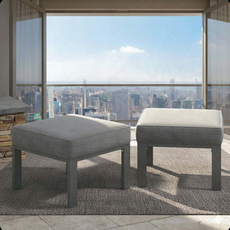 Set of 2 All-Weather Metal Patio Ottomans with Gray Cushions, Gray Cushion/Gray Frame
