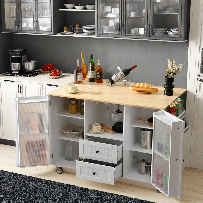 Kitchen Island  With Dropleaf Top, Towel Rack, Spice Rack, 2 Drawers And 2-door Cabinet