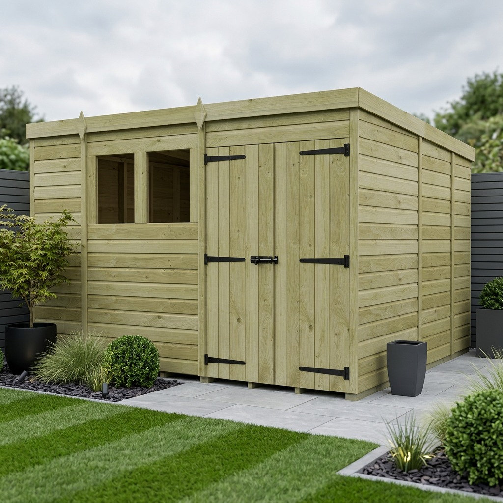 Total Sheds 10ft x 9ft Pent Garden Shed - Double Door - With Windows - Pressure Treated Timber - UK Manufactured