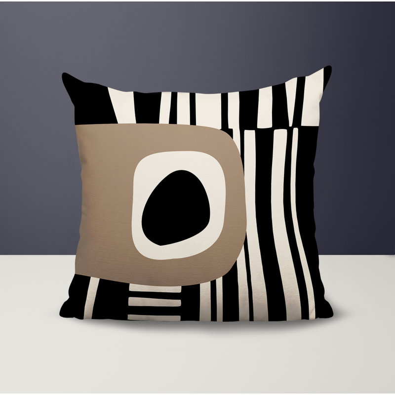 Oreiller carré réversible intérieur / extérieur Jina, H 19 po x l 19 po, Beige / noir / blanc cassé abstrait