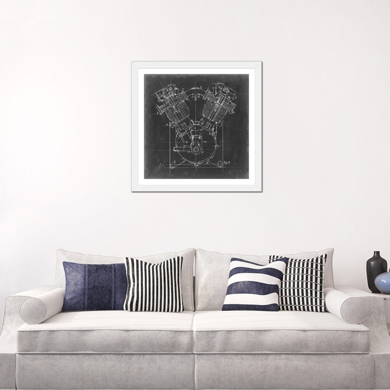 « Motorcycle Engine Blueprint II » par Ethan Harper, reproduction d’art, H 24 po x l 24 po x p 1 po, Papier encadré blanc