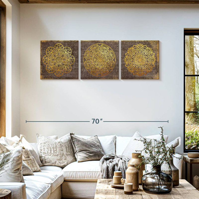 Ensemble de 3 mandalas dorées sur toile, H 18 po x l 57 po x P 1,25 po