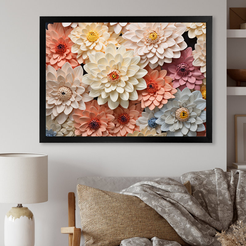 " Sunlit Blooms Zinnias Flowers ", Black Single Picture Framed, 24" H x 32" W x 1" D