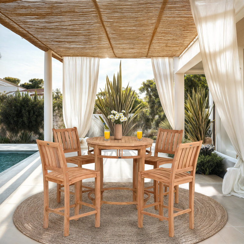 Ensemble bistro en teck avec table de bar ronde et tabourets Abacho, H 43 po x L 38 po x l 38 po, 4