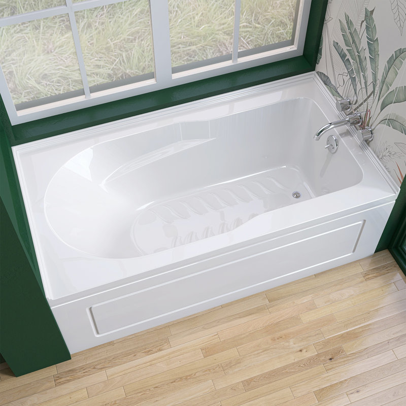 60 po X 32 po Baignoire de trempage avant en alcôve / tablier avec trou de bonde à droite et baignoire intégrée avec accoudoirs antidérapants en blanc