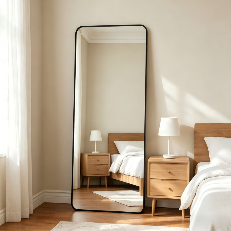 Miroir de plancher rectangulaire de 56 po x 21 po sur toute la longueur, avec cadre noir et coin arrondi, convenant à la décoration intérieure.