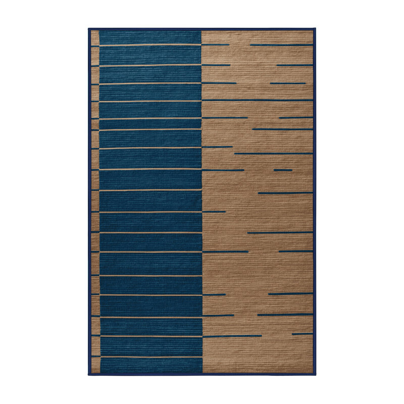 Machine Washable Horizontal Stripes Blue Area Rug, Rectangle 5' x 7'