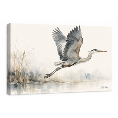 Flying Blue Heron Canvas Wall Art, Coastal Marsh Bird Painting, Bayland Wrapped Canvas Decor