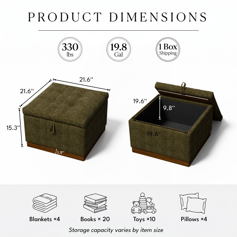 Pouf de rangement carré de 55 cm (21,6 po) capitonné avec couvercle relevable et base en bois, Petit, Vert