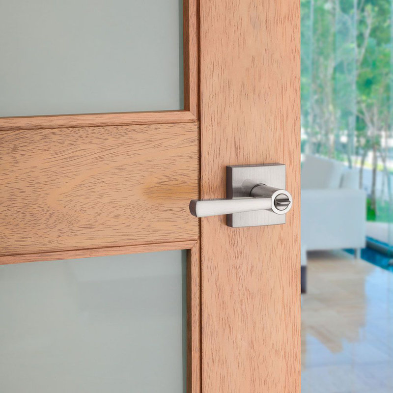 Spyglass Keyed Door Lever with Square Rose, Satin Nickel