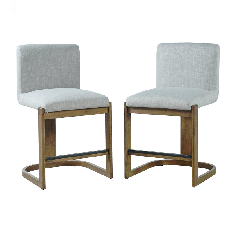 Ensemble de 2 tabourets de bar modernes en bois massif à hauteur de comptoir de 24 po avec îlot de cuisine revêtu de lin et pieds en bois au fini noyer pour café-bar Home, gris clair