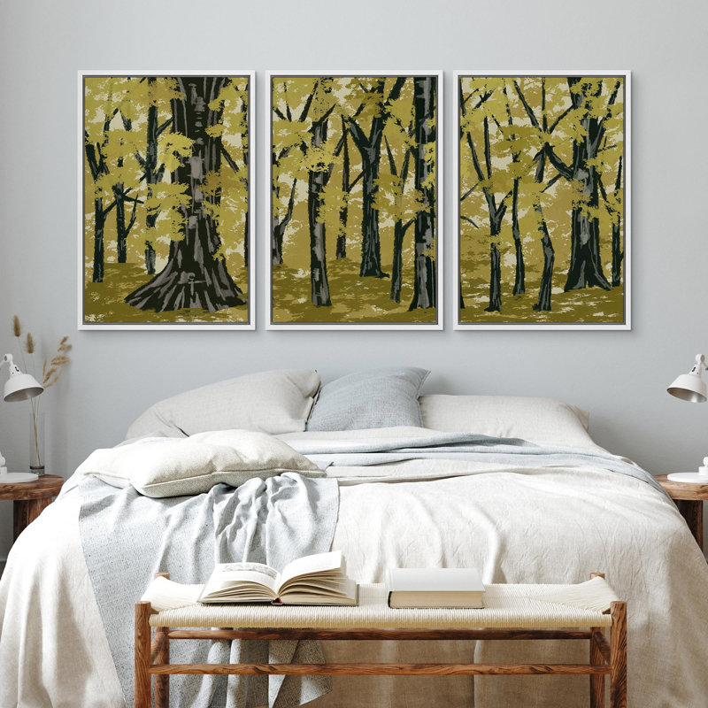 Forest Landscape " Seasonal Forest Illustration Modern Art Decor Zen " 3 - Pieces, Blanc, H 24 po x l 16 po x P 1,5 po