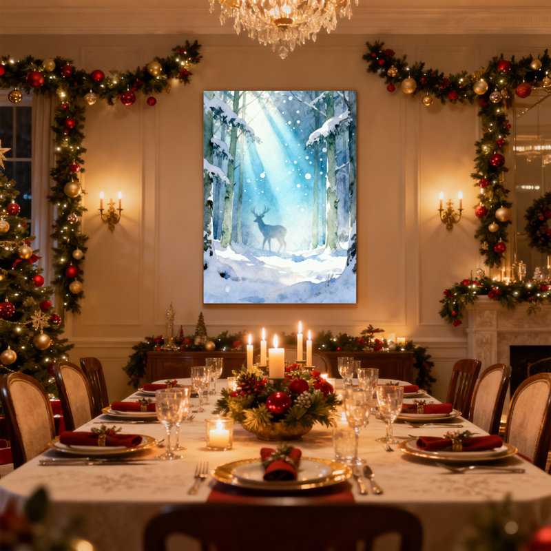 «Christmas Winter Forest Deer Snow Light Trees Path», ensemble de 3 impressions sur toile bleues, H 18 po x l 12 po