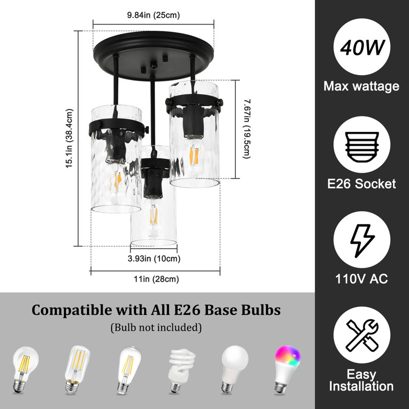 Levona 3- Light Semi Flush Mount Ceiling Light with Clear Hammered Glass Shade (Matte Black), Matte Black
