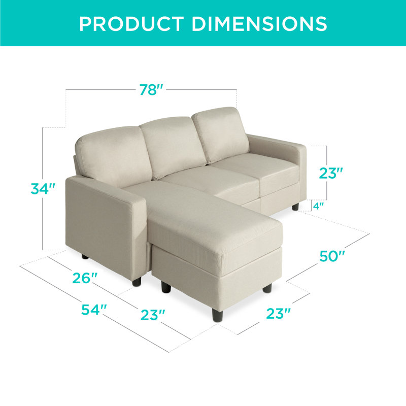 Shaine Linen Sectional Sofa Couch w/ Chaise Lounge, Reversible Ottoman Bench, Natural 100% Polyester