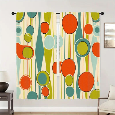 2Pcs Mid-Century Modern Abstract Circles Curtains, Retro Geometric Stripes Light Filtering for Living Room Bedroom Kitchen Window Drapes