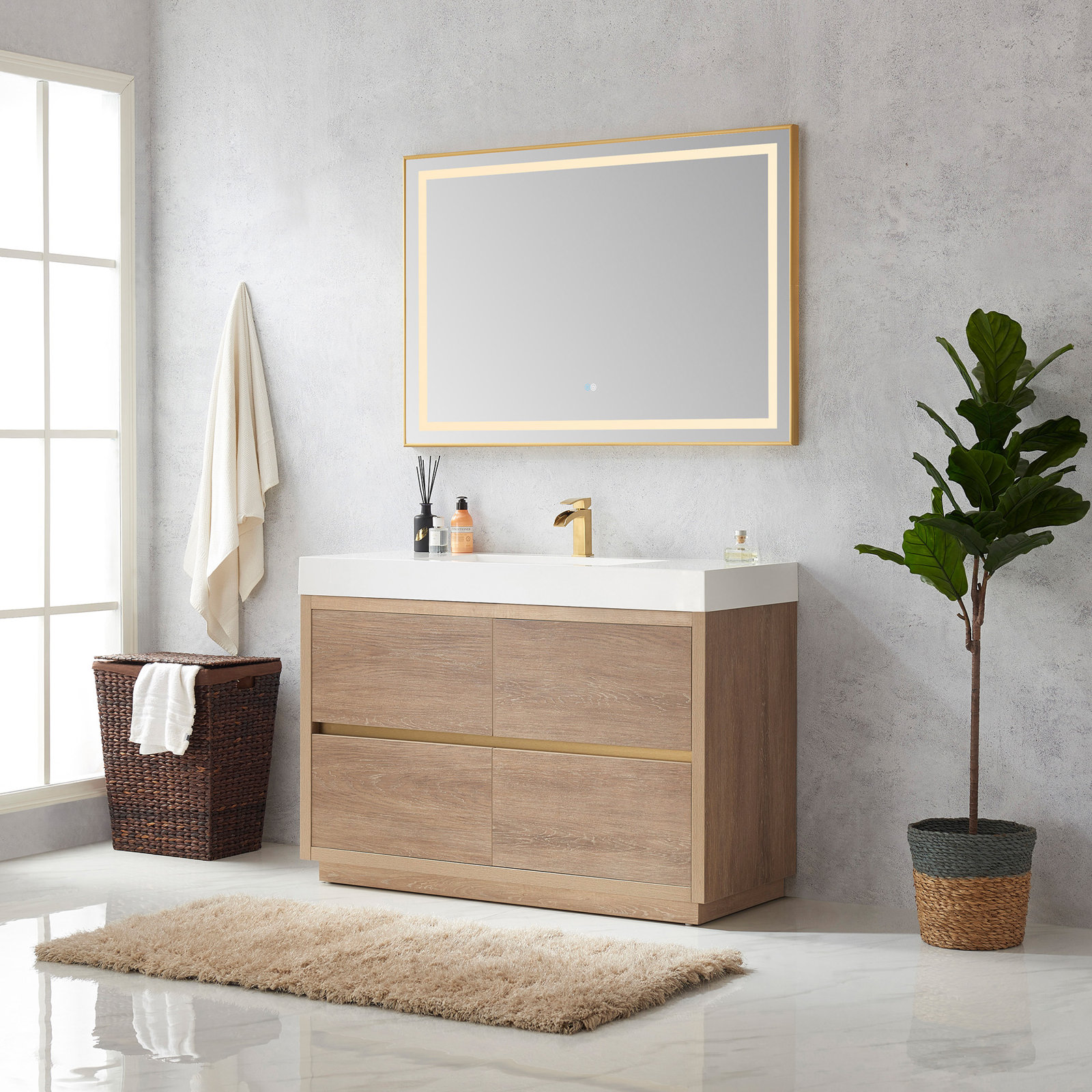 Beira 48'' Single Bathroom Vanity, North American Oak, White