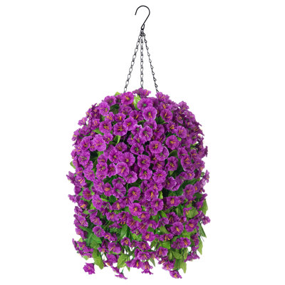 Artificial Faux Hanging Flowers Basket for Spring Outdoor Decor,Fake Silk Colorful Morning Glory Eucalyptus in Planter UV Resistant Look Real for Summer Home Balcony Porch Yard(Darkorchid)