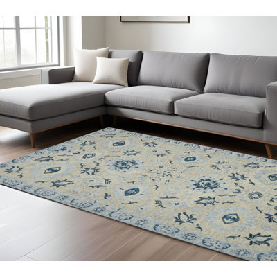 Tapis crocheté à la main à médaillon floral en laine bleu foncé et bleu foncé 9 pi x 13 pi