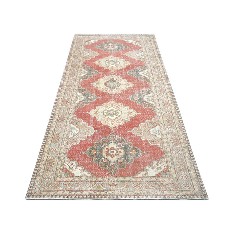 One-of-a-Kind Hand-Knotted 1960s 4'11" x 12'9" Runner Wool Area Rug in Red/Gray/Brown