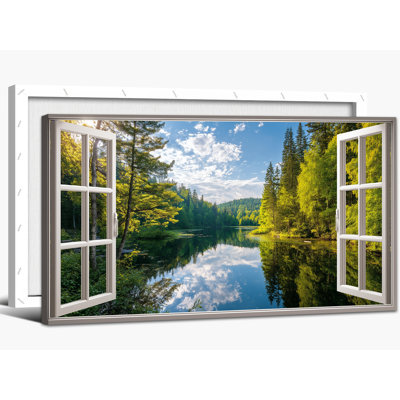  Art mural sur toile de printemps, impressions de paysage de fenêtre ouverte et photos de la forêt, grande décoration murale panoramique, vue sur la nature, 24 x 48 pouces