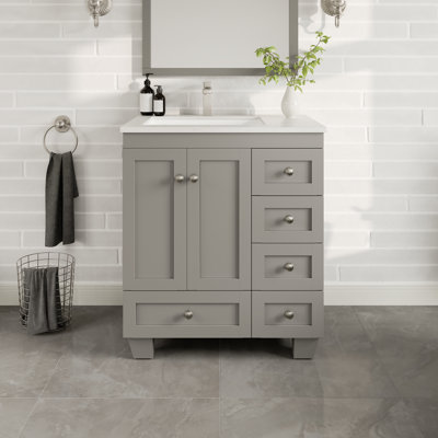Meuble-lavabo simple 28 po avec comptoir en quartz Carrara et lavabo en porcelaine encastré Happy