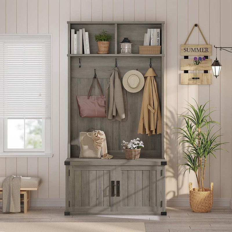 Très grand arbre d'entrée 40 "avec banc et rangement pour chaussures, tablettes réglables et compartiment à bottes, 5 portemanteaux