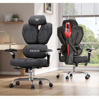 Chaise de bureau ergonomique S100 avec soutien lombaire, chaise de jeu avec accoudoirs 6D, appui-tête et dossier papillon, gris foncé et rouge