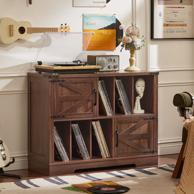 Large Vinyl Record Storage Rack With Capacity For Up To 450 Records, 39-Inch Country-Style Storage Cabinet With Barn Doors, Wooden Vintage Mid-Century Bedroom And Living Room Record Rack