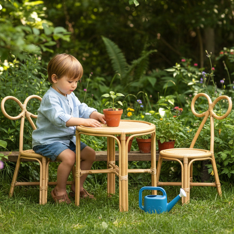 Rattan Kids Table Sets With Backrest For Playroom/Kids Room/Bedroom, Table, 2 Chairs