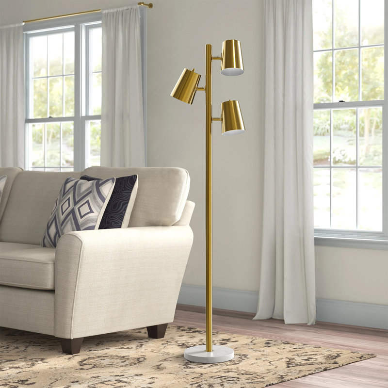 Crevan 62" H Metal and Marble 3-Light Tree Floor Lamp, Brass