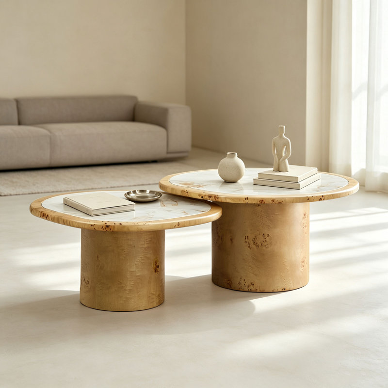 Ensemble de table basse irrégulière, table basse 2 pièces en placage de bois de ronce, table de table en pierre frittée avec piédestal robuste en bois aggloméré, table d'appoint arrondie pour le salon, le bureau