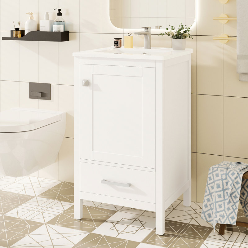 Meuble-lavabo de salle de bain avec lavabo en céramique, tiroir à fermeture en douceur, White