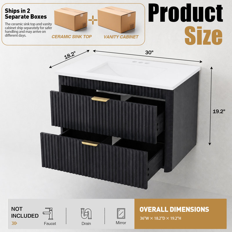 Meuble-lavabo mural simple 30 po avec lavabo en céramique, Chêne noir, 30'' W