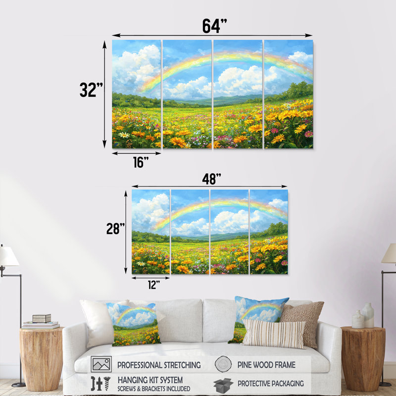 Arc-en-ciel dans le champ de fleurs sauvages - art mural arc-en-ciel - ensemble d'art mural traditionnel, H 28 po x l 48 po