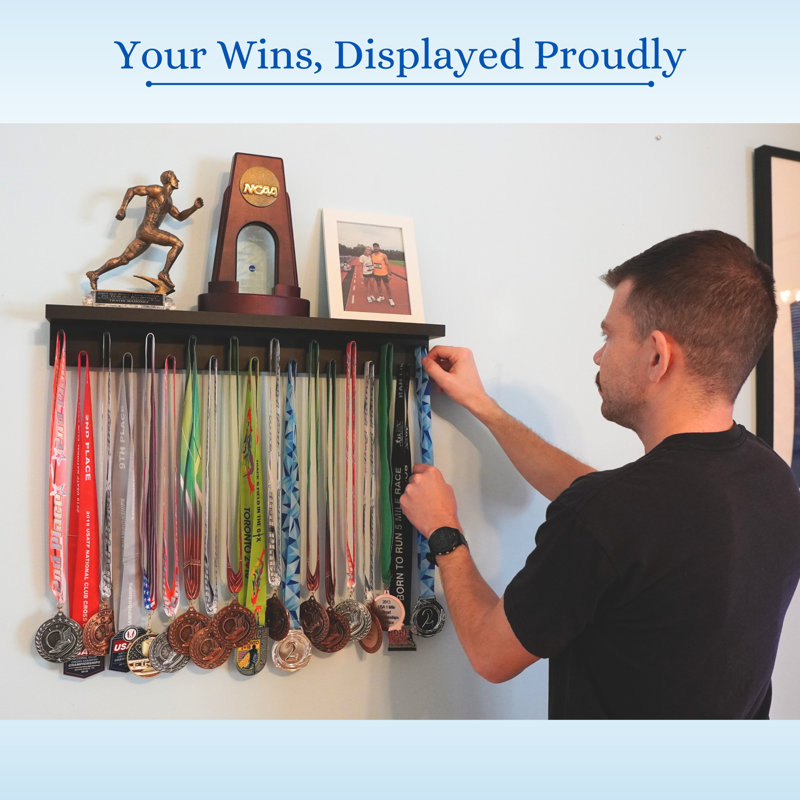 Chanyah -  2' Trophy Shelf and Medal Hanger Display, Walnut