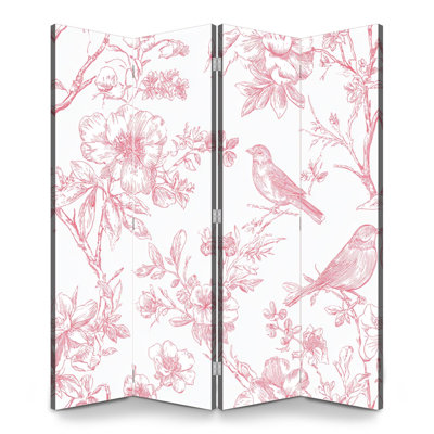 Paravent pliant à 4 panneaux, motif floral royal vintage, oiseaux et fleurs, toile rose pâle, séparateur de pièce autoportant, cloison de protection pour plus d'intimité