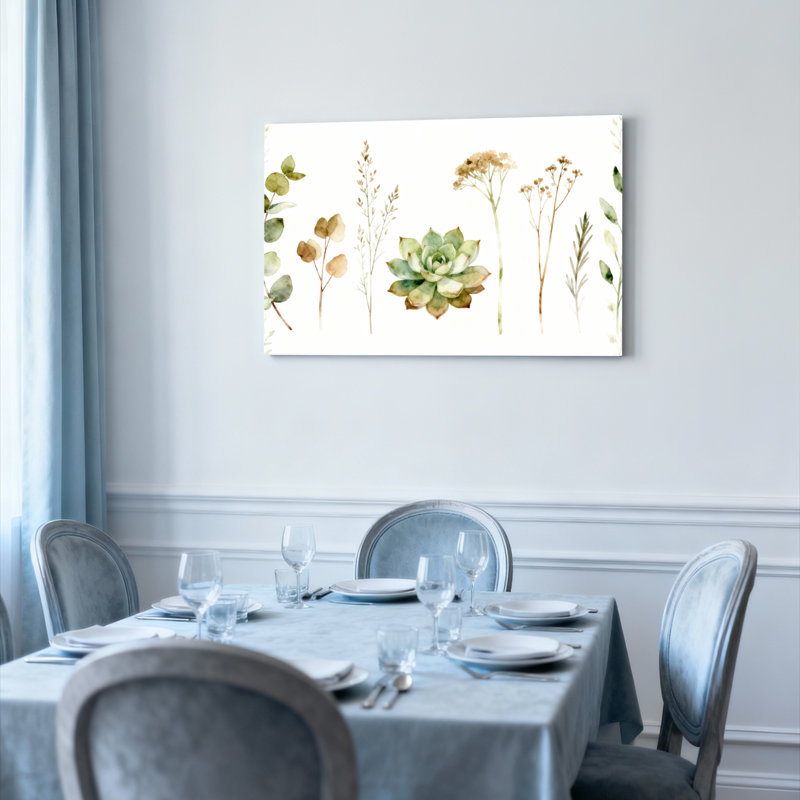 Ensemble de 1 tableau imprimé à l'aquarelle représentant des plantes succulentes et des herbes aromatiques.