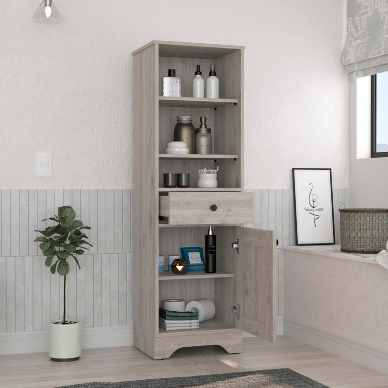 Armoire à linge, deux tablettes intérieures, deux tablettes ouvertes, une porte, Gris