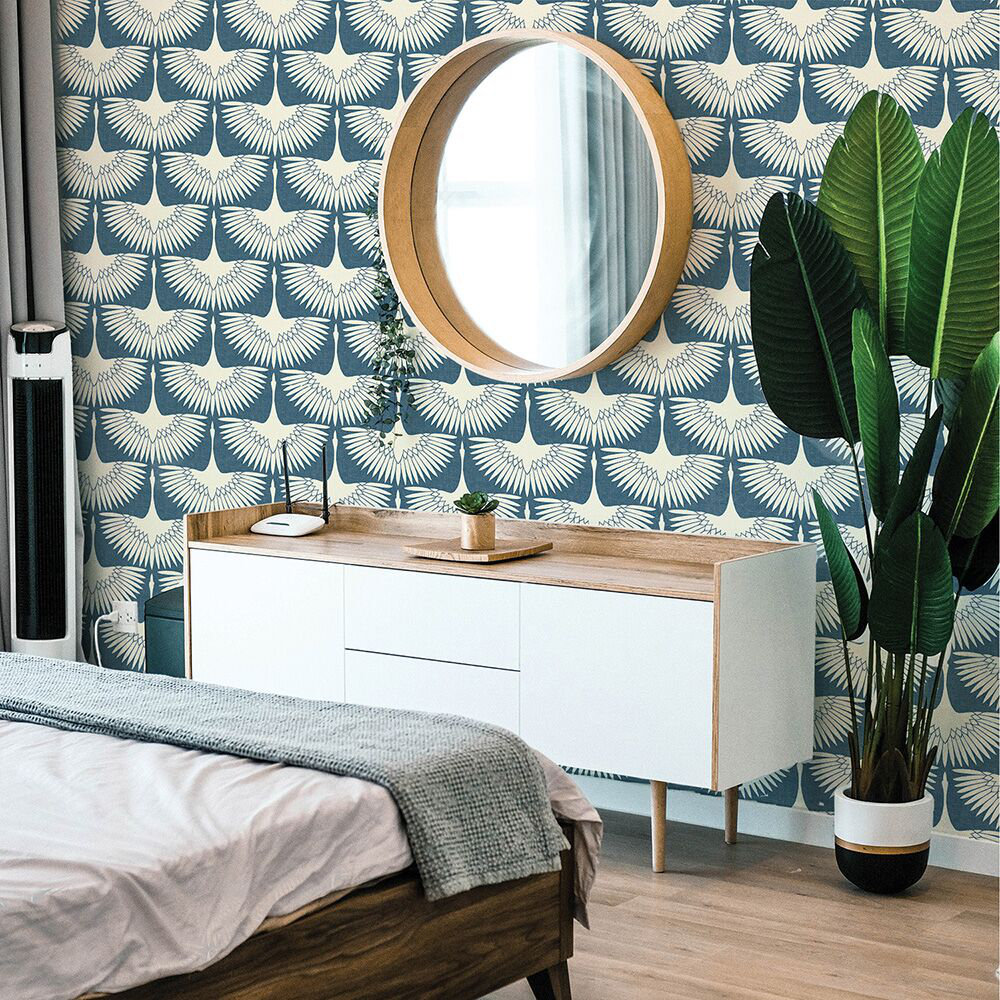 Feather Flock Self-Adhesive Wallpaper Roll, Denim Blue