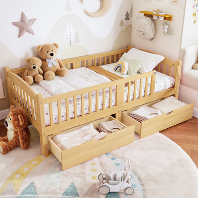 Platform Bed with Full-length Guardrails, Kids Platform Bed with Storage Drawers, Childlike and Cute Headboard Design