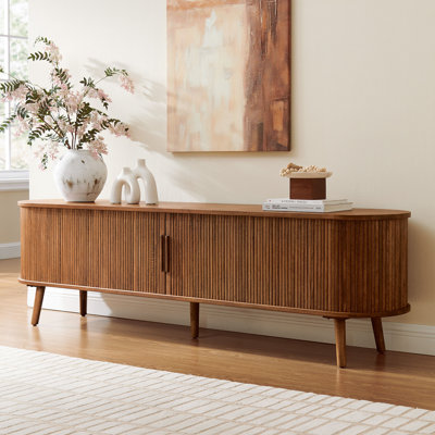  Meuble télé 84 po avec porte tambour en chêne massif et tablettes réglables pour le salon