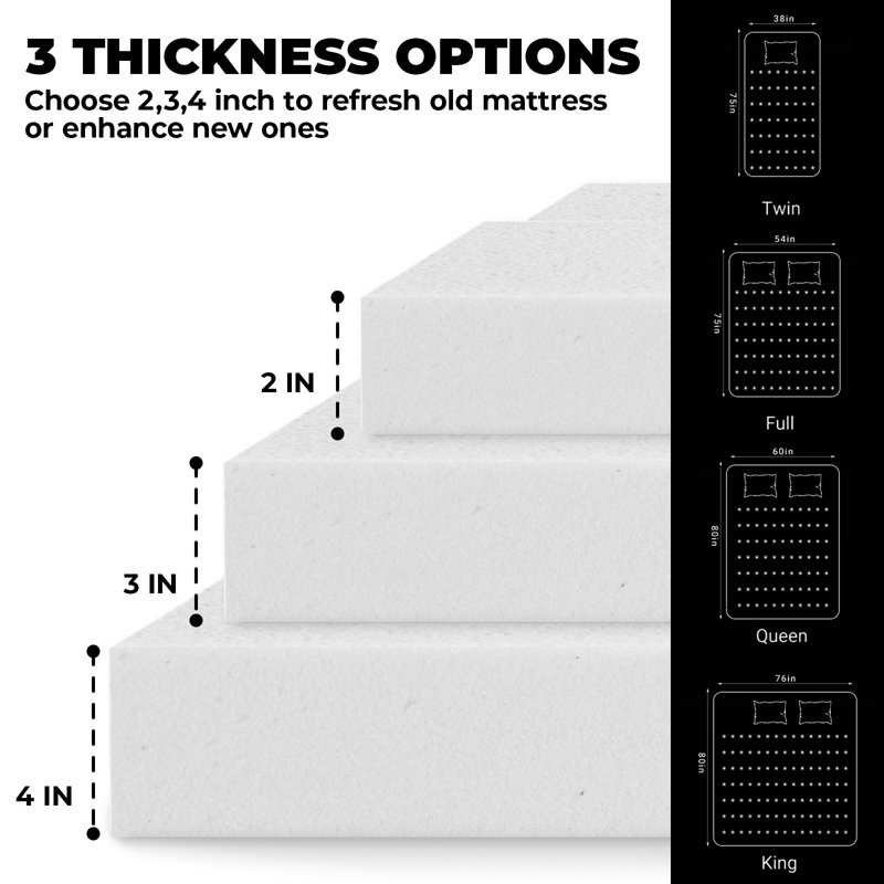 Alvantor Gel Memory Foam Mattress Topper, 2/3/4 Inch Detachable Soft Cover, White, 4 inch, King