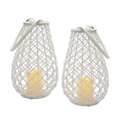 Elements Set Of 2 13-In White Wicker LED Pear Lanterns