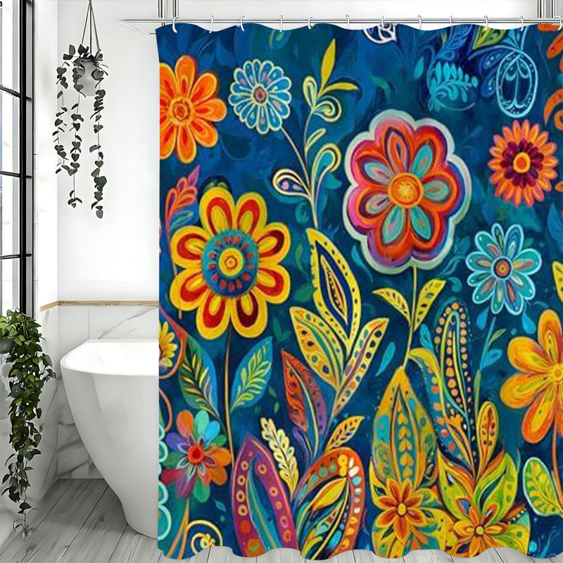 Rideaux de douche floraux avec crochets inclus, Motif floral bleu