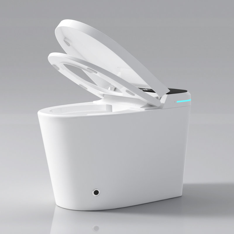 Smart Toilet Bidet With Auto Open/Close - Foot Sensor, Led Display, Heated Seat, White Modern Bathroom Night Lighting Option,