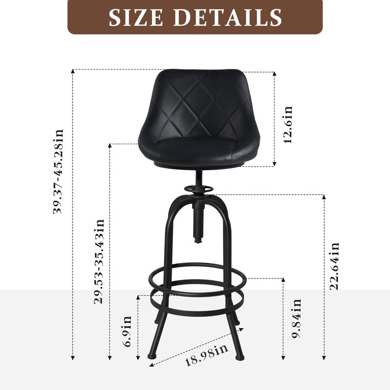 Tabouret de bar industriel avec dossier en cuir 29,53 à 35,43 pouces de hauteur, chaises de bureau pivotantes rustiques, tabourets de pub rétro pour îlot de cuisine, salle à manger, salon